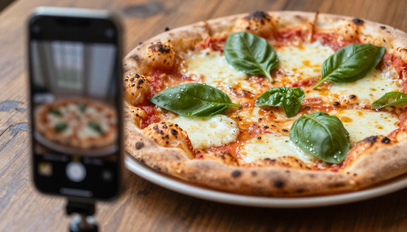 A margherita pizza photographed for a menu with a smartphone on a tripod