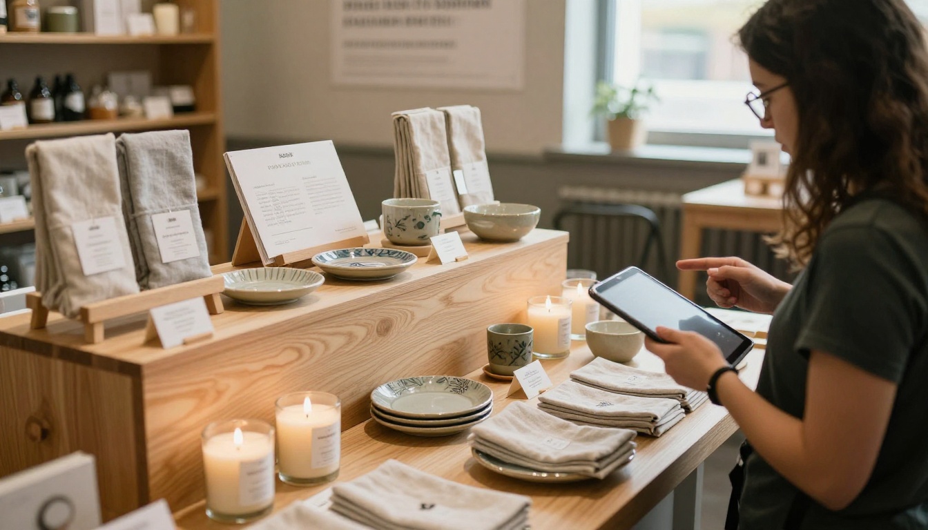 Trade show booth with candles, ceramics and a buyer holding a tablet