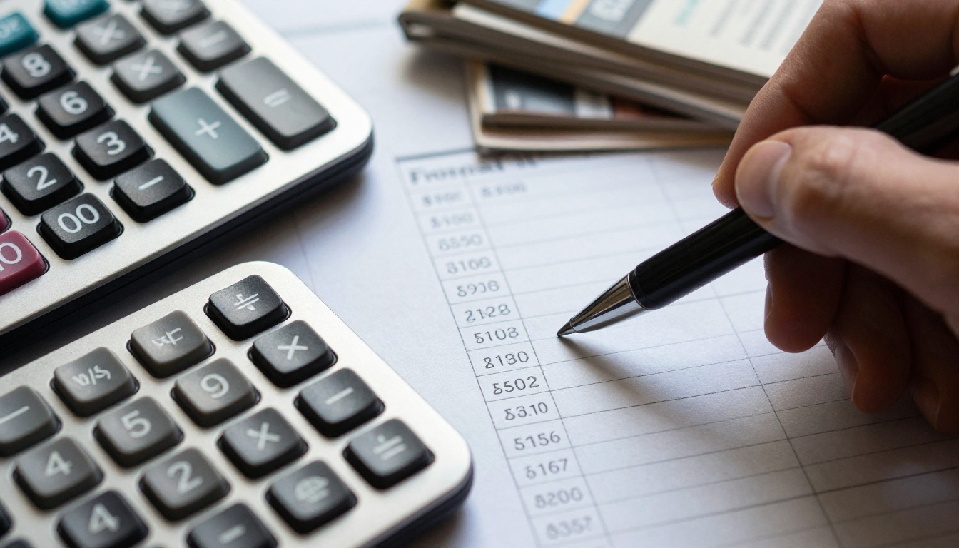 Calculator, pen and printed revenue spreadsheet beside magazines Calculator, pen and printed revenue spreadsheet beside magazines