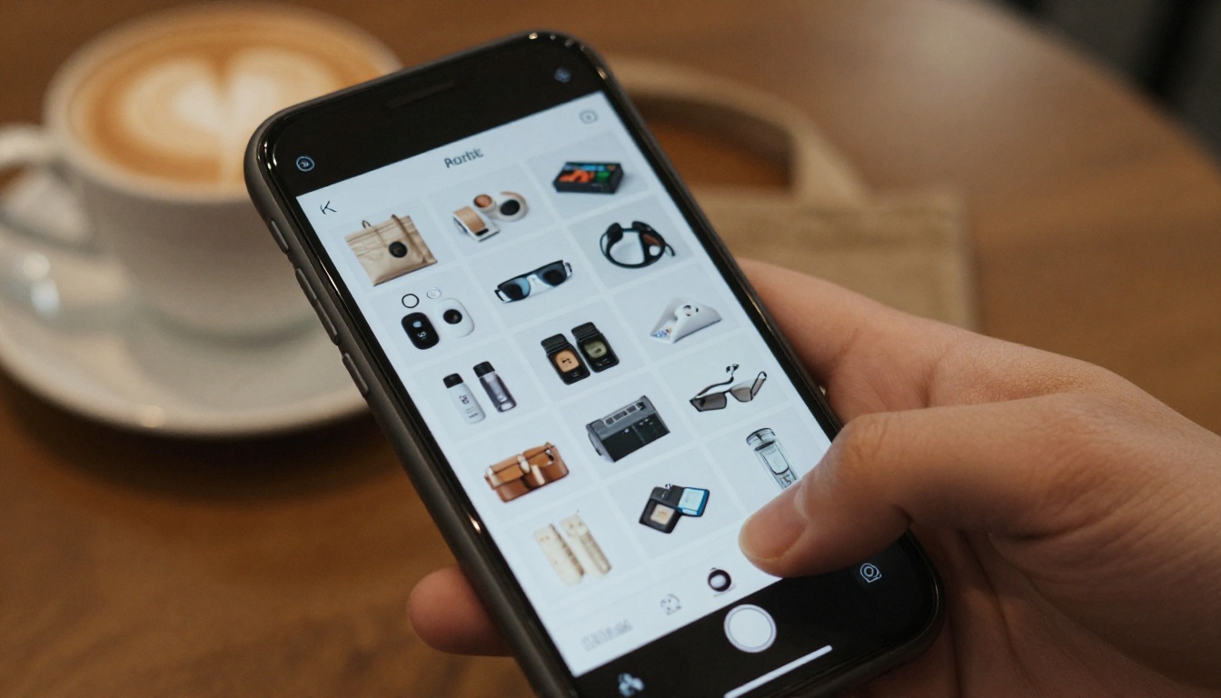 Smartphone showing a flipping catalog page above a cafe table