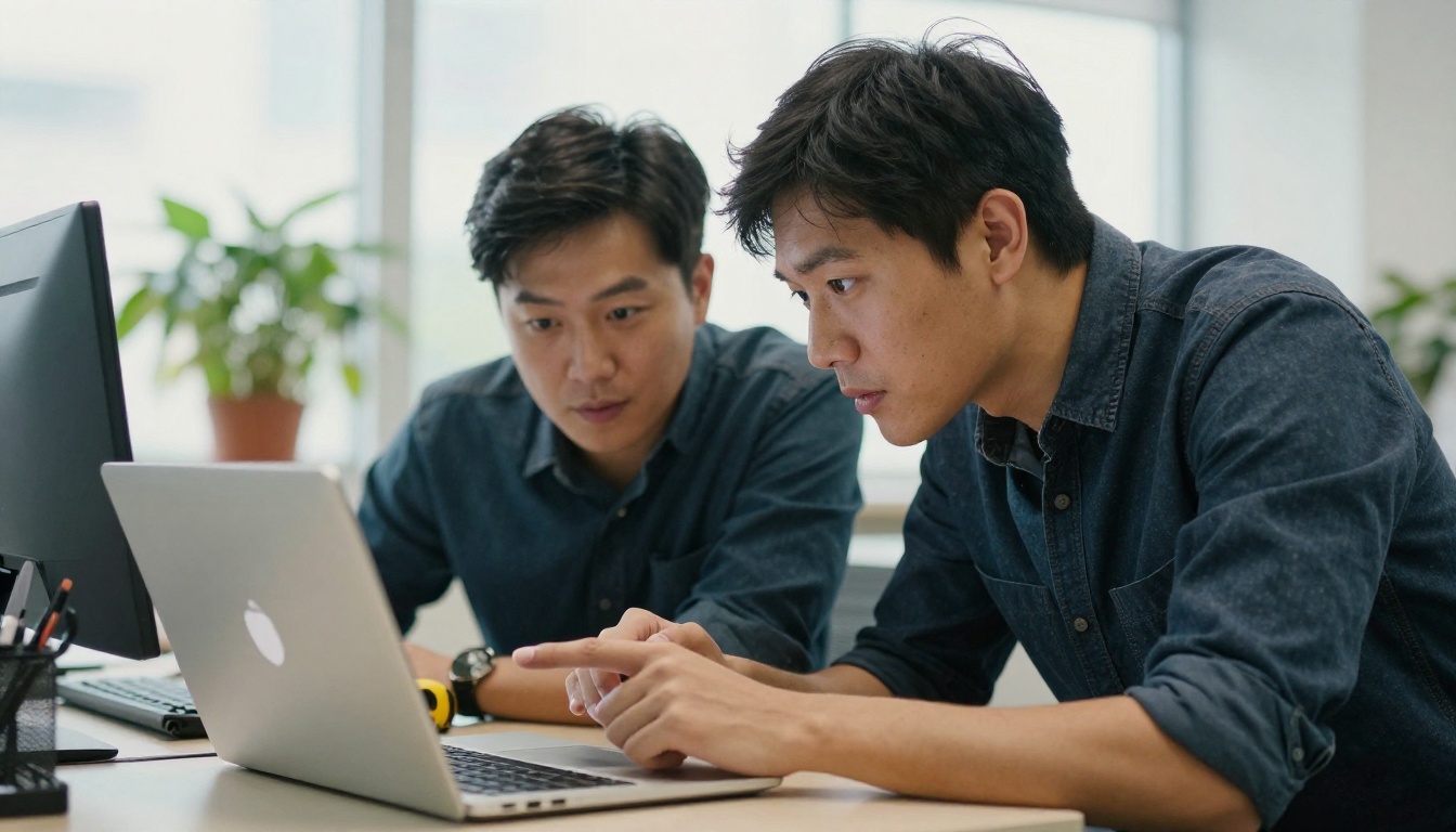 Two colleagues reviewing a flipbook on a Chromebook