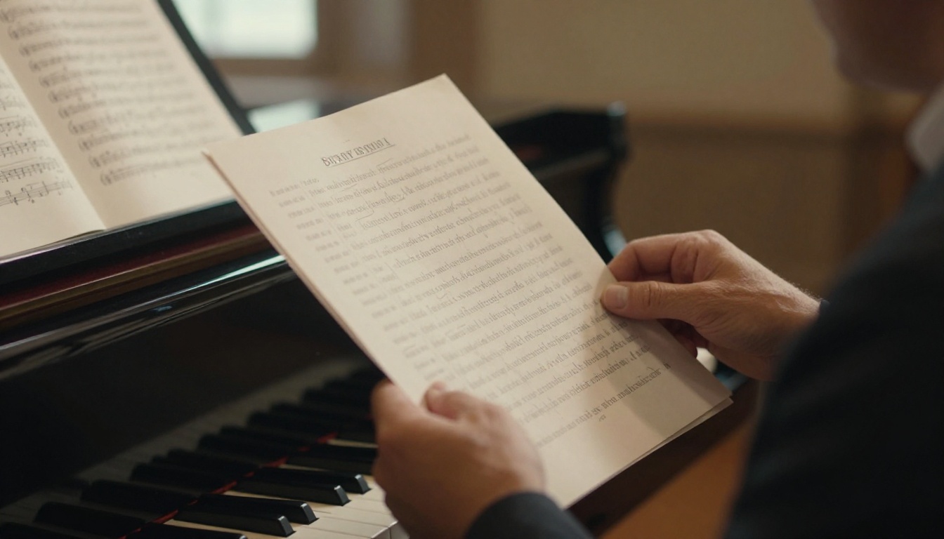A church choir director holding a printed order of worship beside a piano A church choir director holding a printed order of worship beside a piano