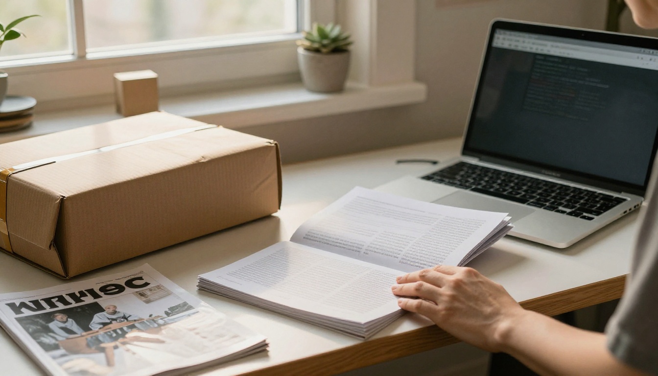 Home office with a laptop and a publisher packing magazines Home office with a laptop and a publisher packing magazines