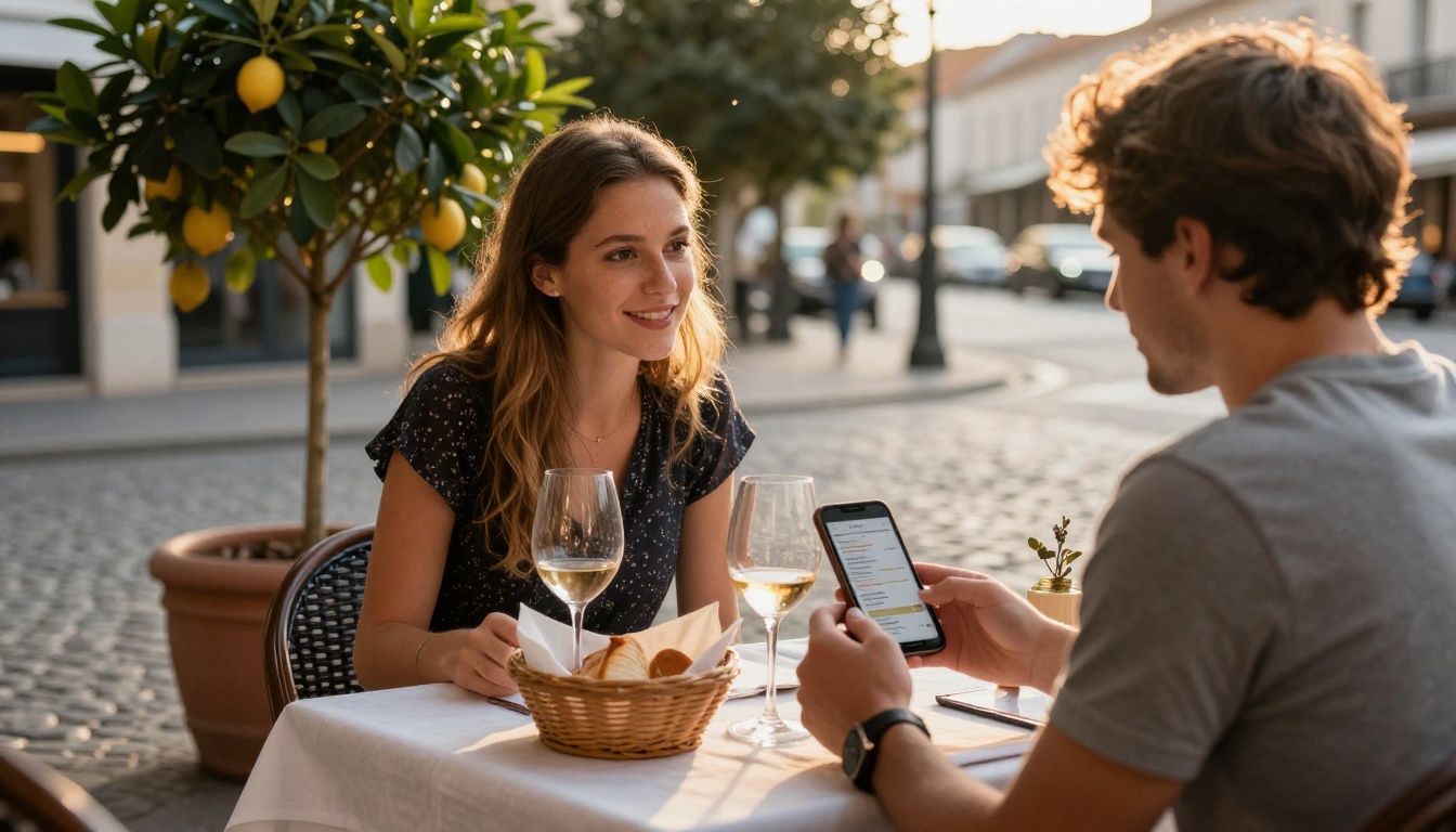 A couple at a sidewalk bistro reads a swipeable digital menu on a phone