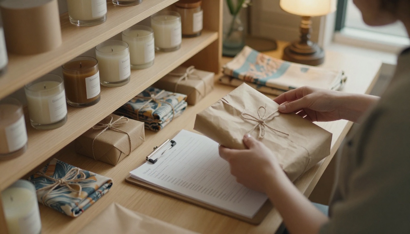 Woman wrapping a gift set in kraft paper in a small packing room
