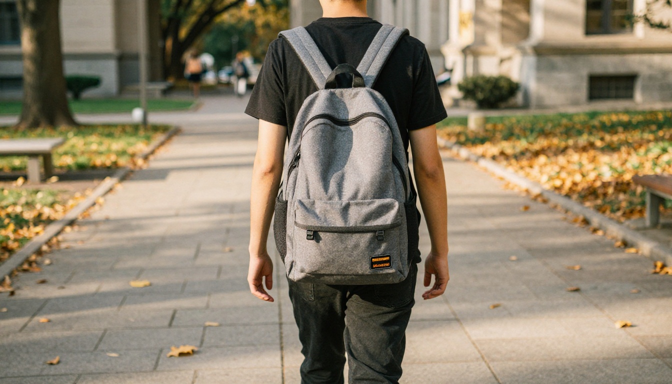 Student carrying a Chromebook across a campus courtyard