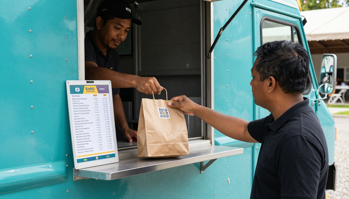 A food truck owner hands an order out of the service window beside a menu board