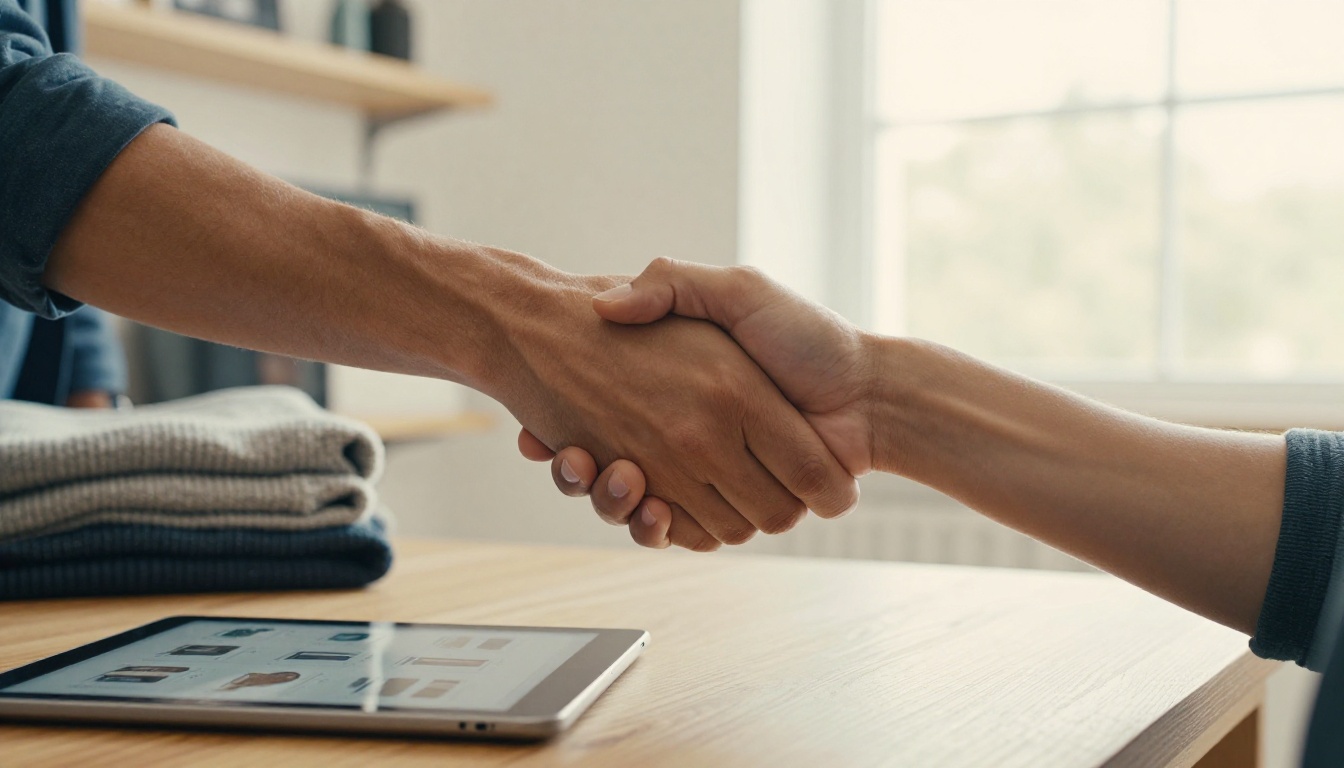 Two people shaking hands over a table with a tablet and stacked sweaters