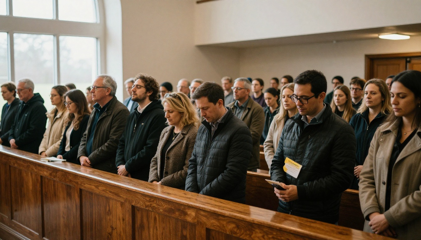 A congregation standing during a Sunday service seen from the balcony A congregation standing during a Sunday service seen from the balcony