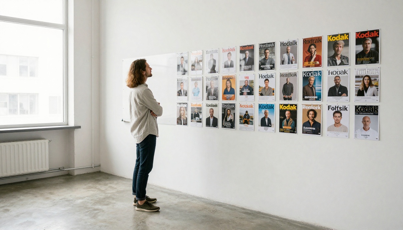 Founder studying cover mock-ups pinned to a loft wall Founder studying cover mock-ups pinned to a loft wall