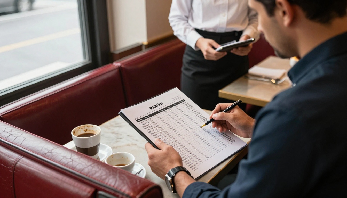 A manager and a server review a sales report and a tablet at a corner booth