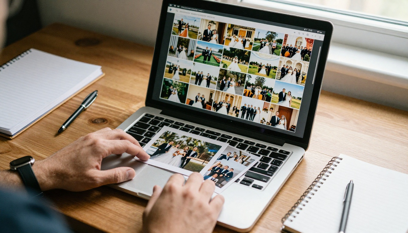 A photographer arranging wedding photos in a layout on a laptop