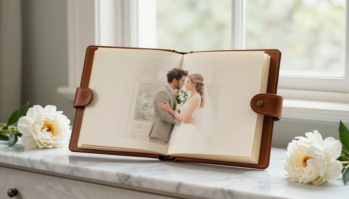 A leather-bound wedding album standing open on a marble table
