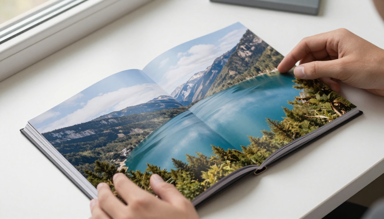 Hands pressing a lay-flat photo book open on a white desk Hands pressing a lay-flat photo book open on a white desk