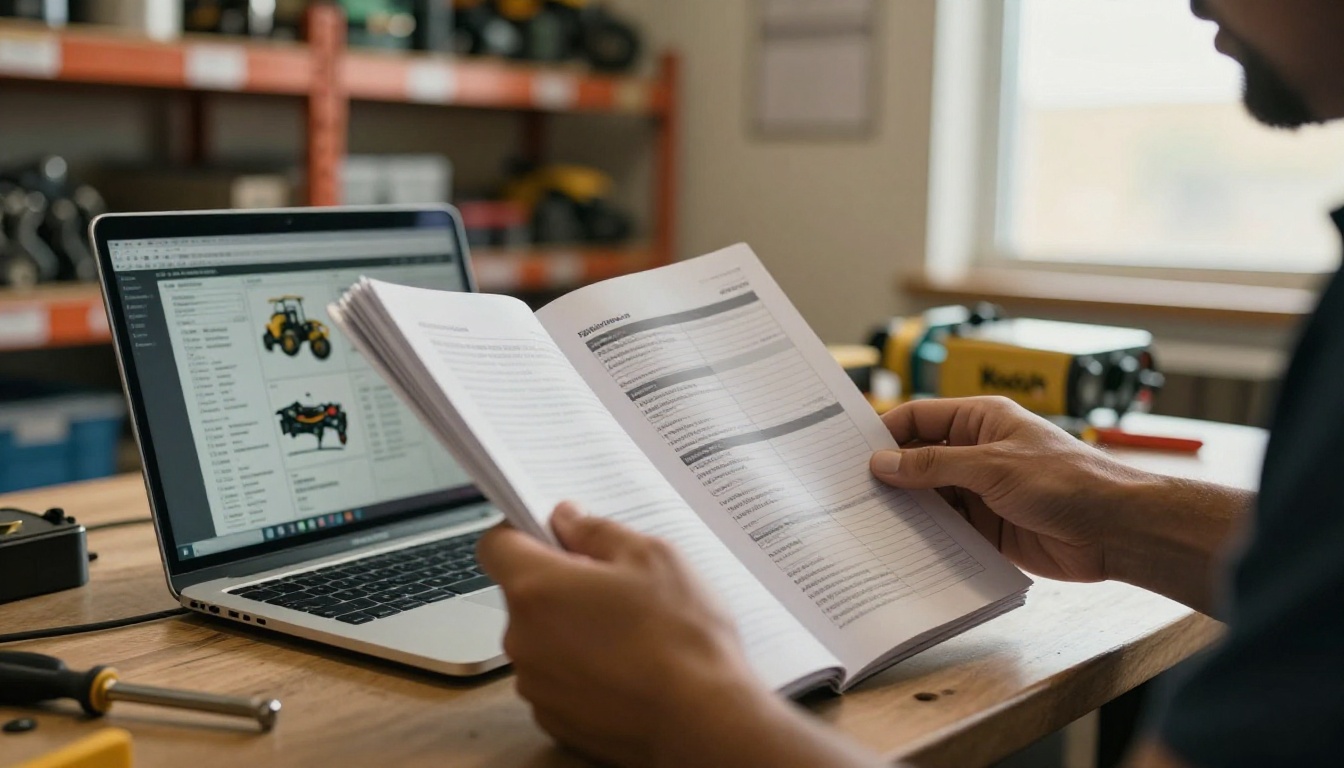 Technician flipping through a printed parts manual beside a laptop Technician flipping through a printed parts manual beside a laptop