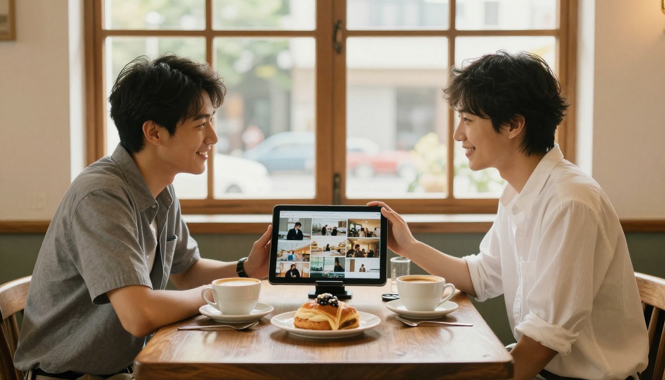 A wedding photographer showing an album preview on a tablet to a couple