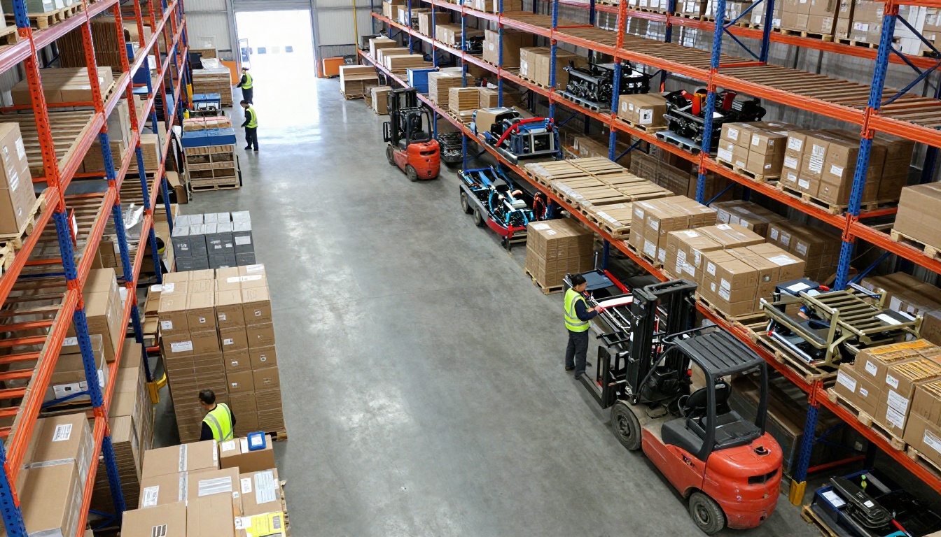 Overhead view of a large parts warehouse with racking and forklifts Overhead view of a large parts warehouse with racking and forklifts