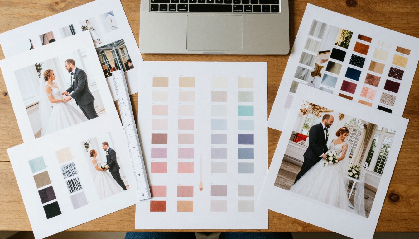 Overhead view of wedding print proofs and cover fabric swatches on a table