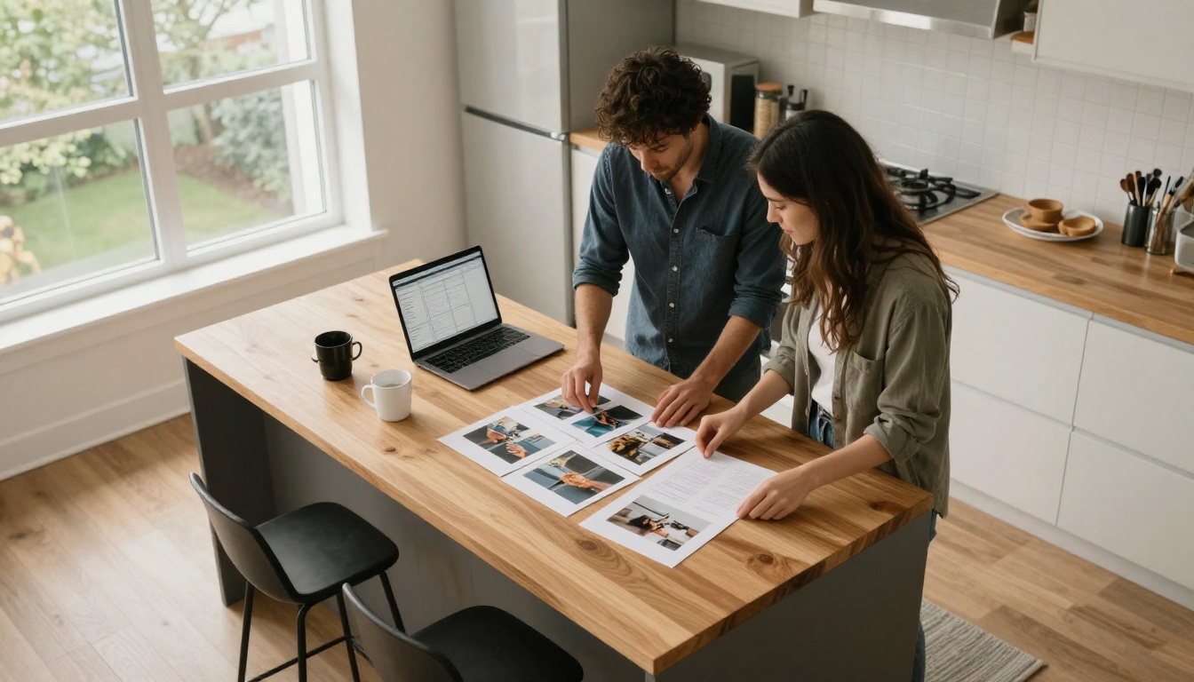 Couple arranging printed photos at a kitchen island beside a laptop Couple arranging printed photos at a kitchen island beside a laptop