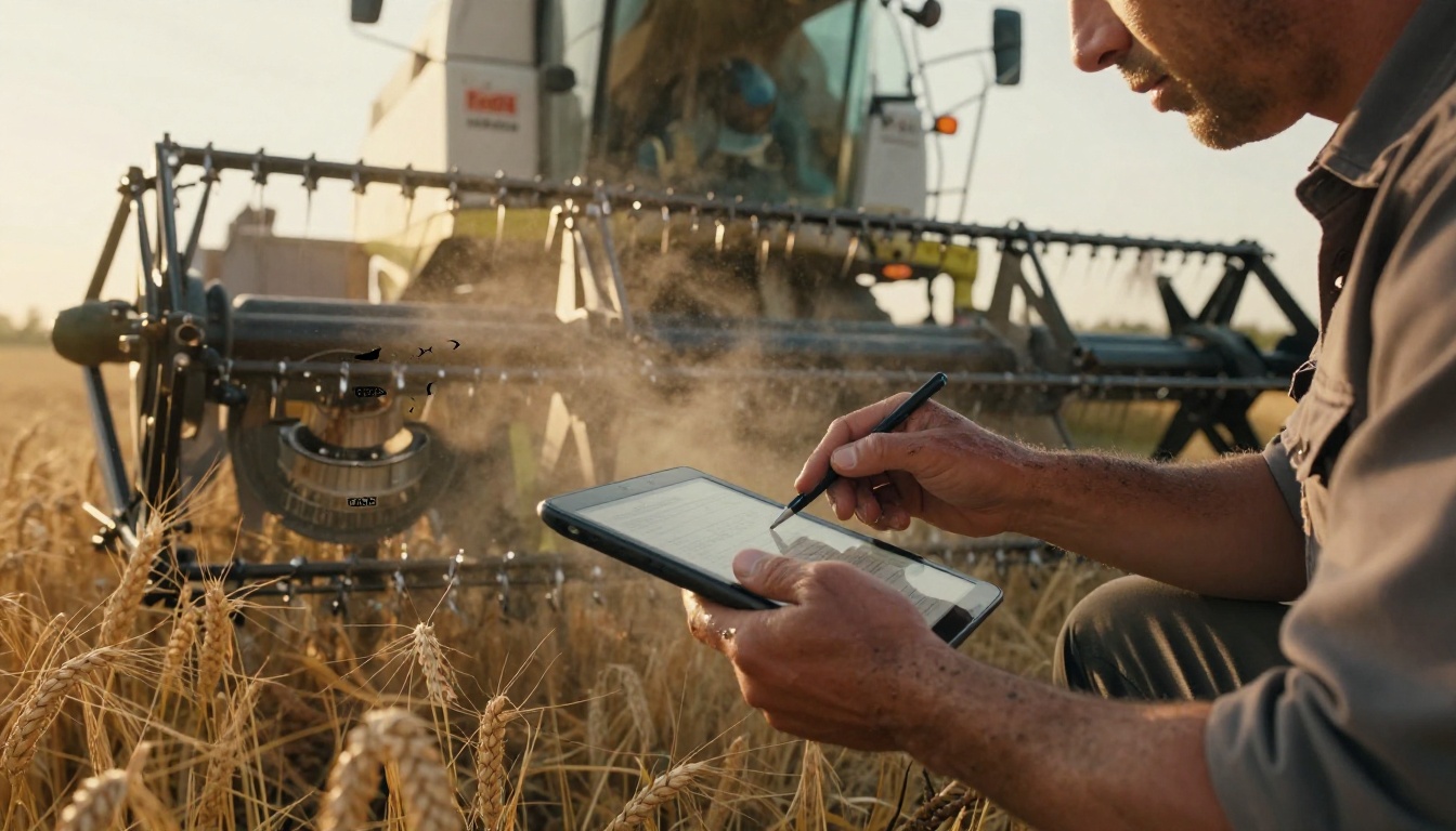 Field technician kneeling beside a combine harvester using a tablet Field technician kneeling beside a combine harvester using a tablet