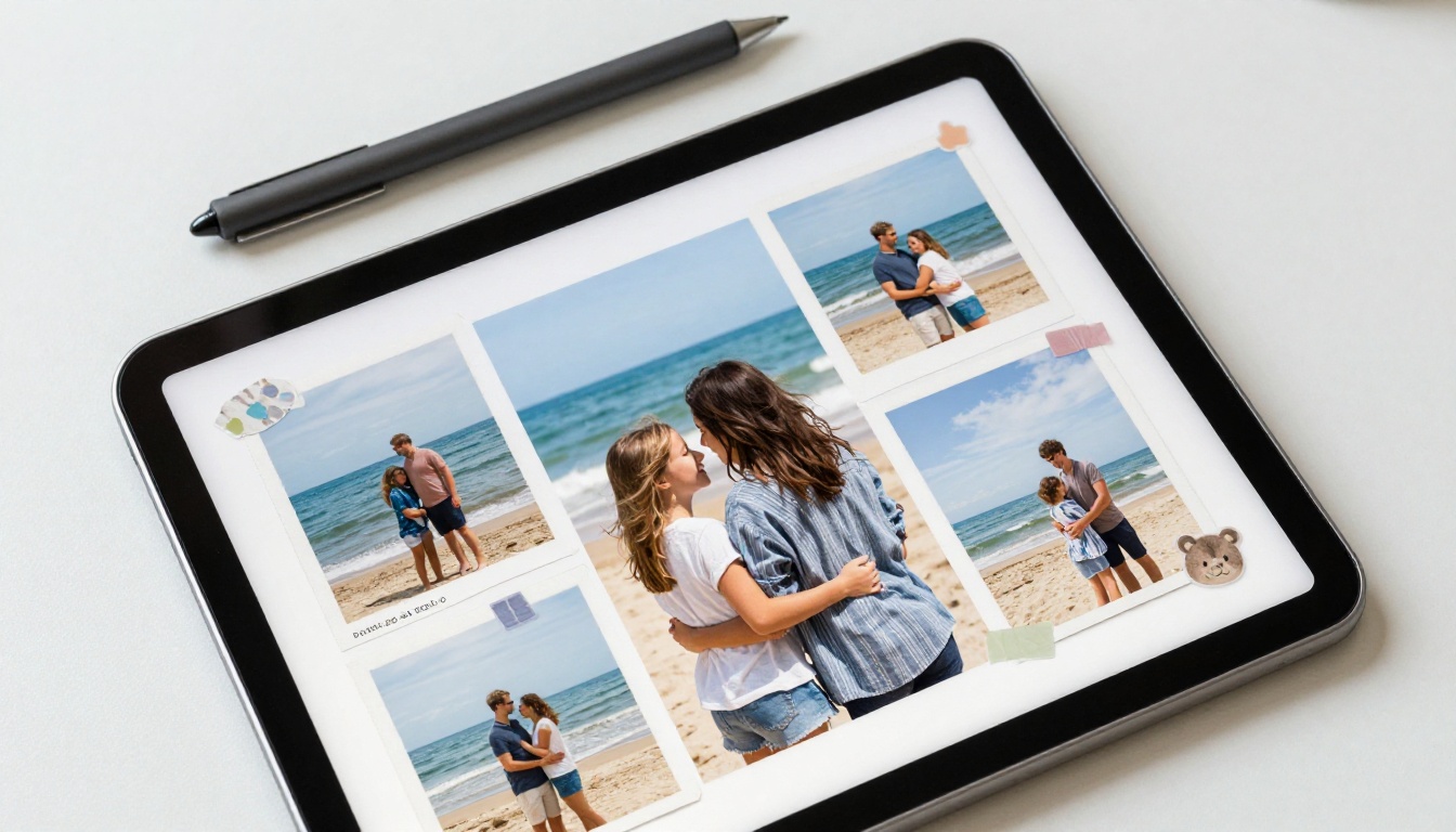 Digital scrapbook layout on an iPad with family beach photos