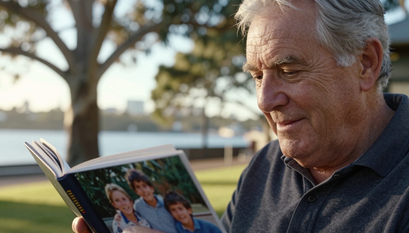 Older man smiling while holding an open photo book of grandchildren Older man smiling while holding an open photo book of grandchildren