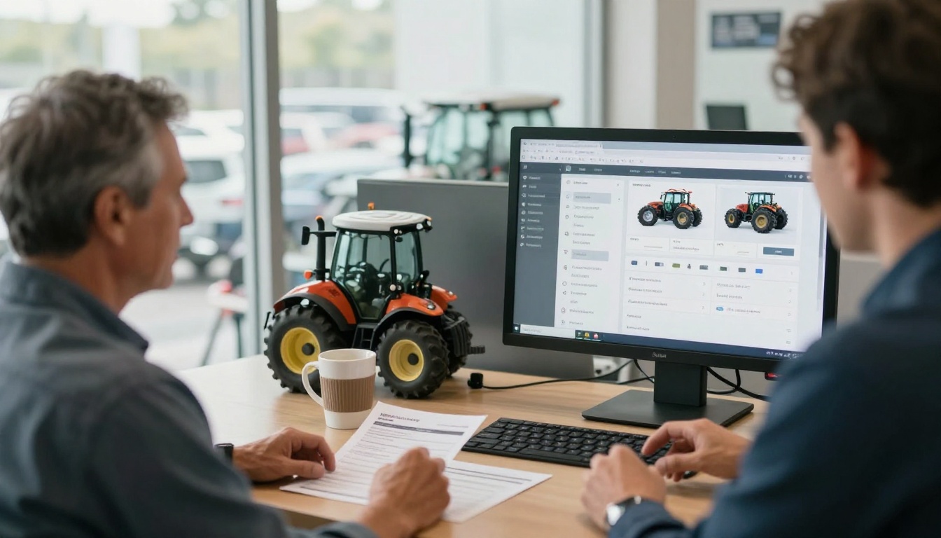 Dealer and customer reviewing a digital parts catalog on a monitor Dealer and customer reviewing a digital parts catalog on a monitor