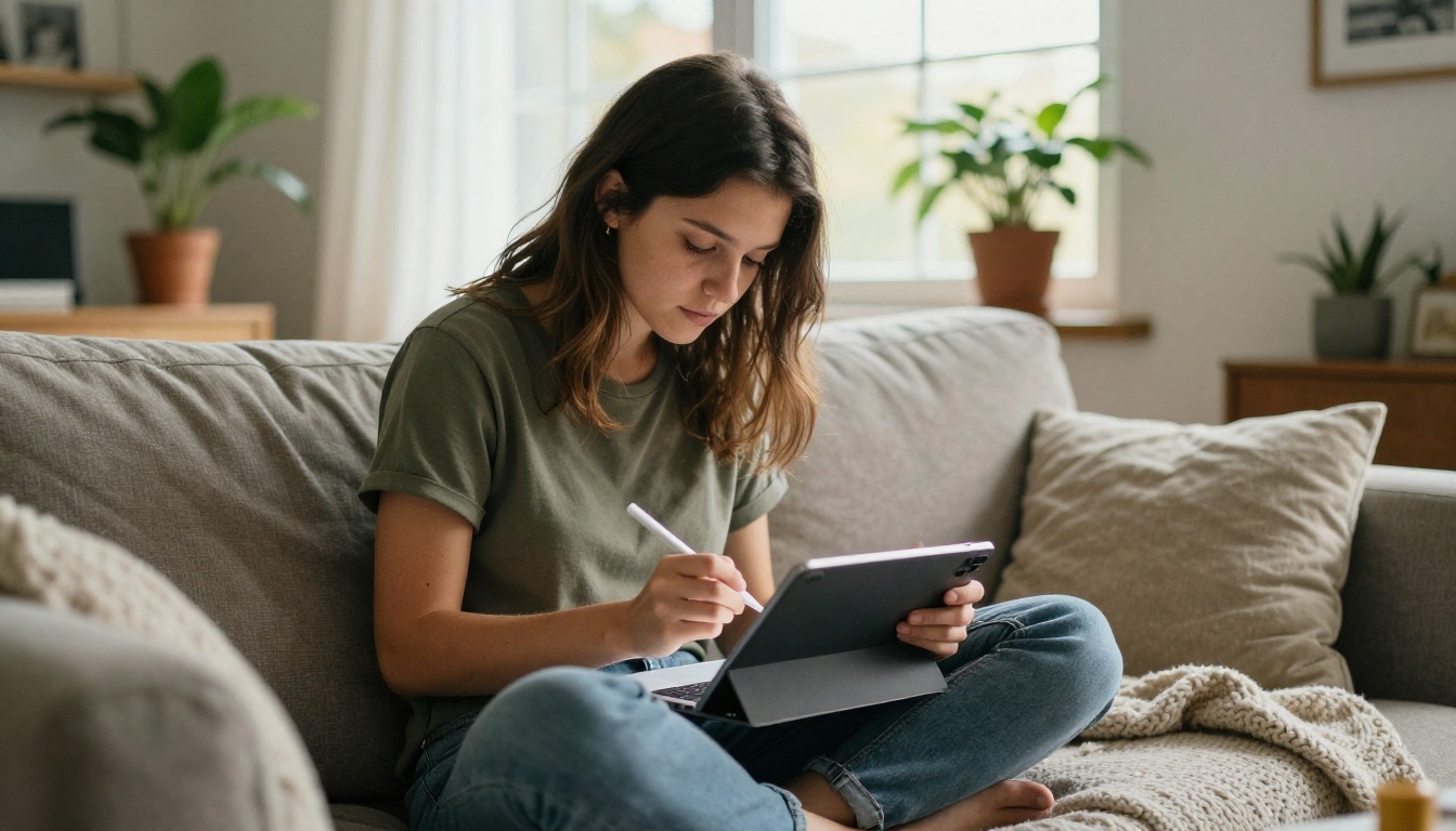 Crafter drawing on an iPad with Apple Pencil on a sofa