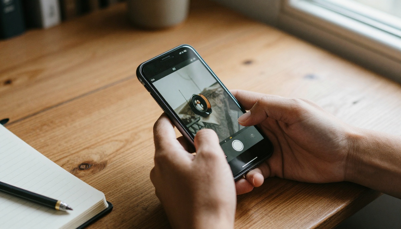 Hands scrolling a digital photo album on a smartphone at an oak desk Hands scrolling a digital photo album on a smartphone at an oak desk
