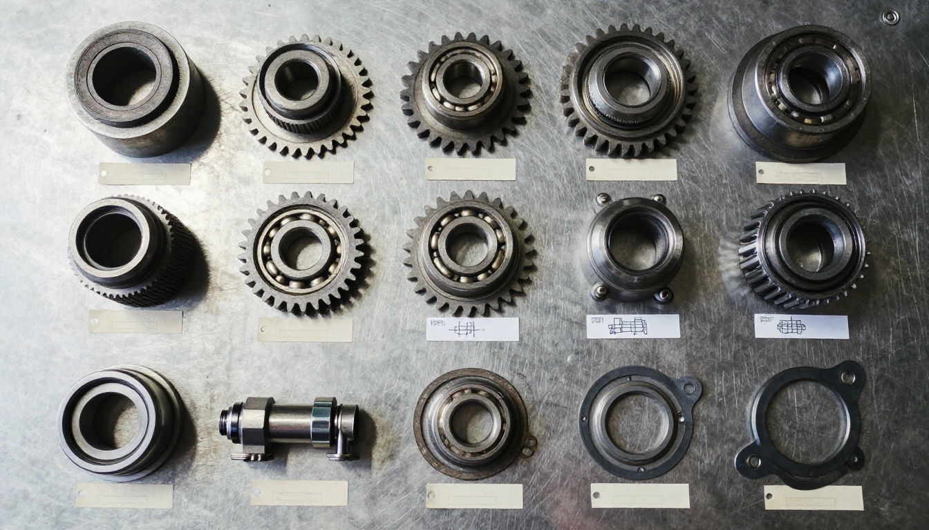 Flat lay of gears, bearings and filters with paper tags Flat lay of gears, bearings and filters with paper tags