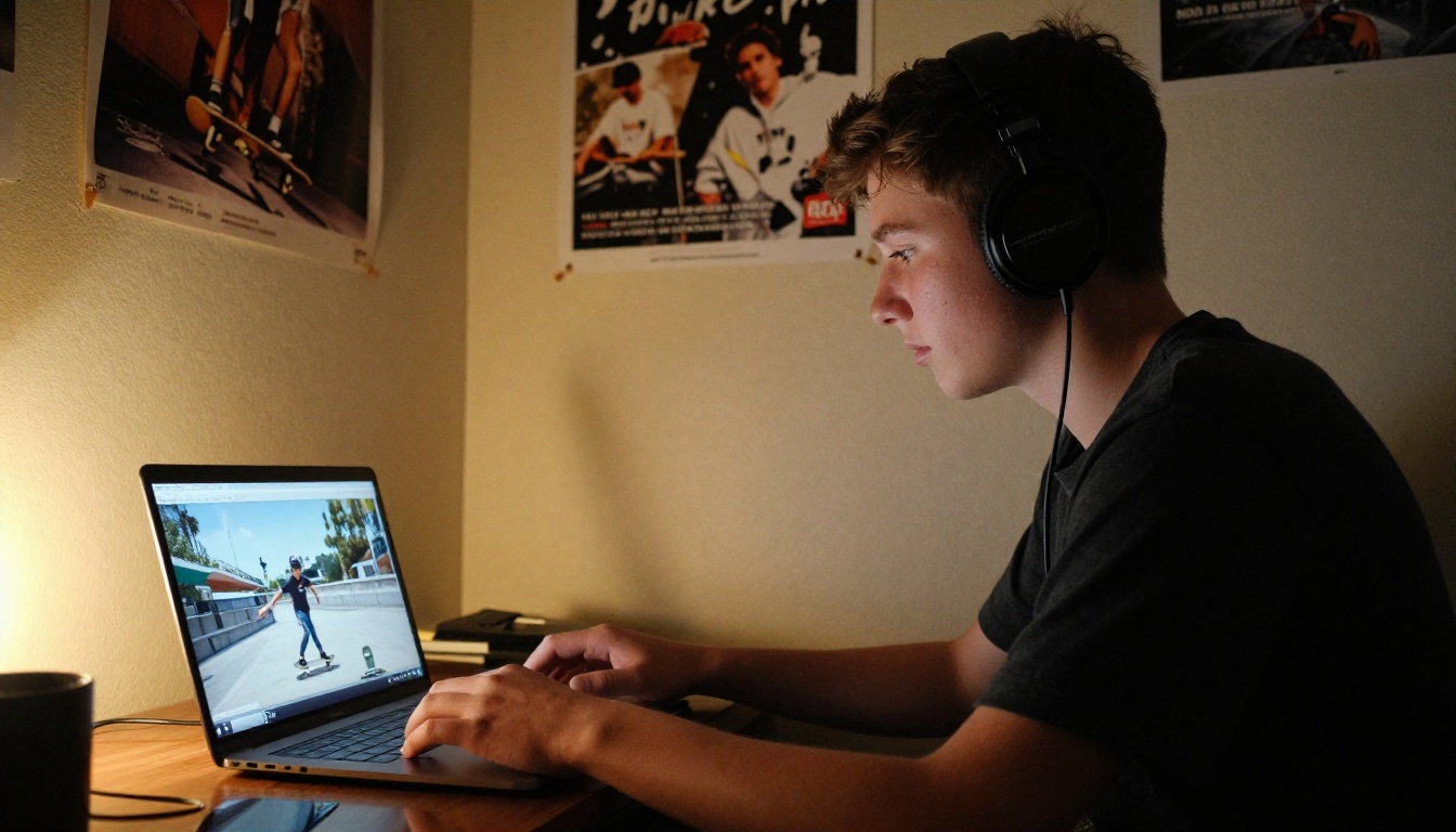 Teenager with headphones watching a laptop photo slideshow on a bedroom floor Teenager with headphones watching a laptop photo slideshow on a bedroom floor