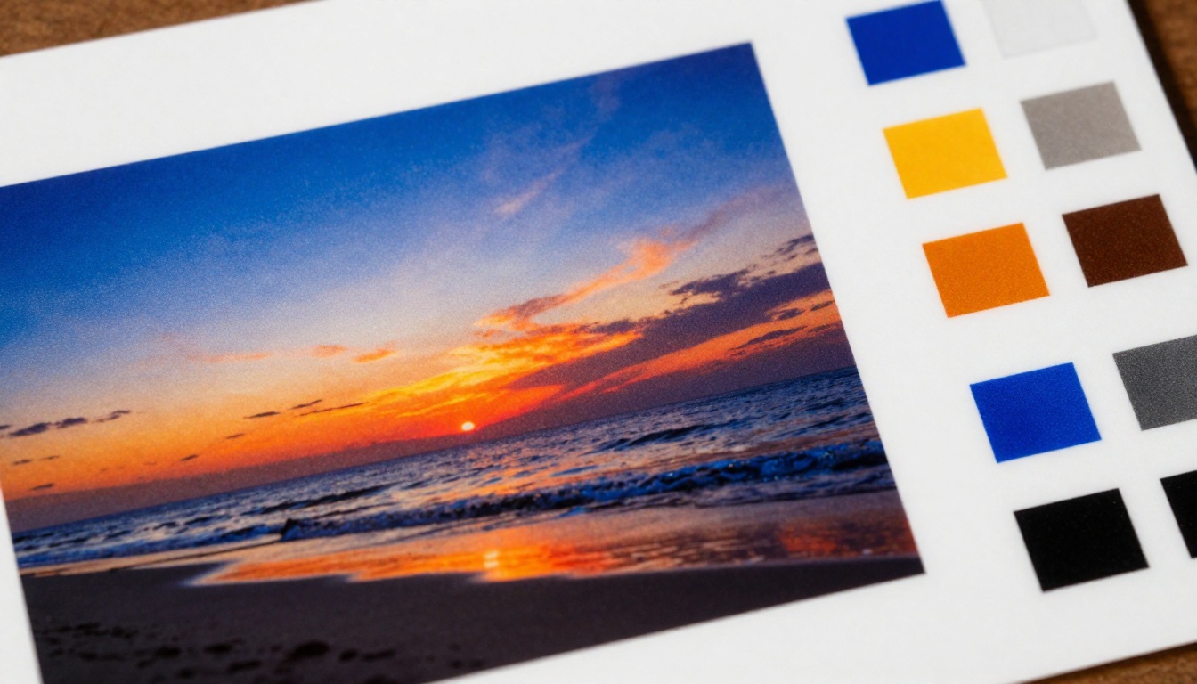 Macro close-up of a printed beach sunset beside a colour swatch card Macro close-up of a printed beach sunset beside a colour swatch card