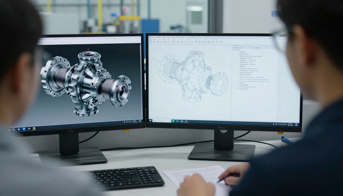 Engineer reviewing a PDF parts book next to a CAD drawing Engineer reviewing a PDF parts book next to a CAD drawing