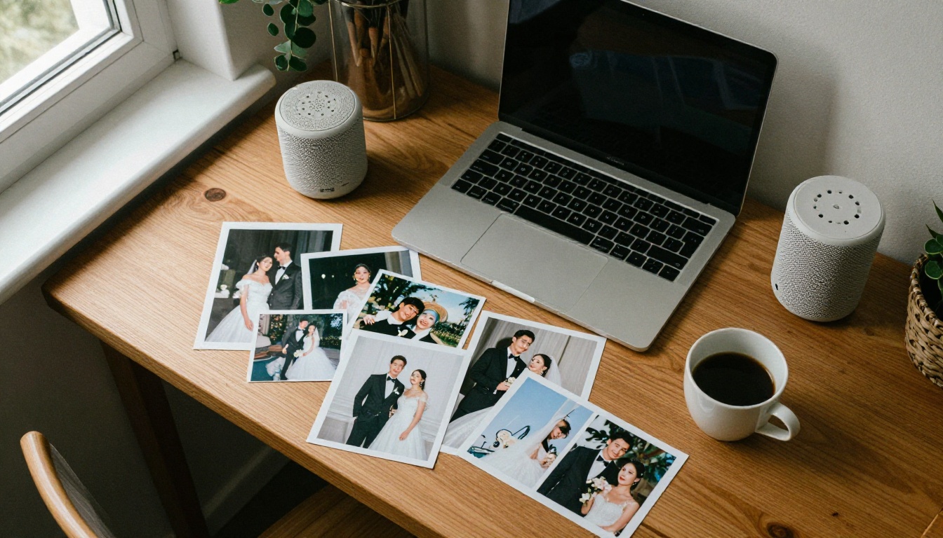 Aerial view of a kitchen table with a laptop, printed wedding photos and a bluetooth speaker Aerial view of a kitchen table with a laptop, printed wedding photos and a bluetooth speaker