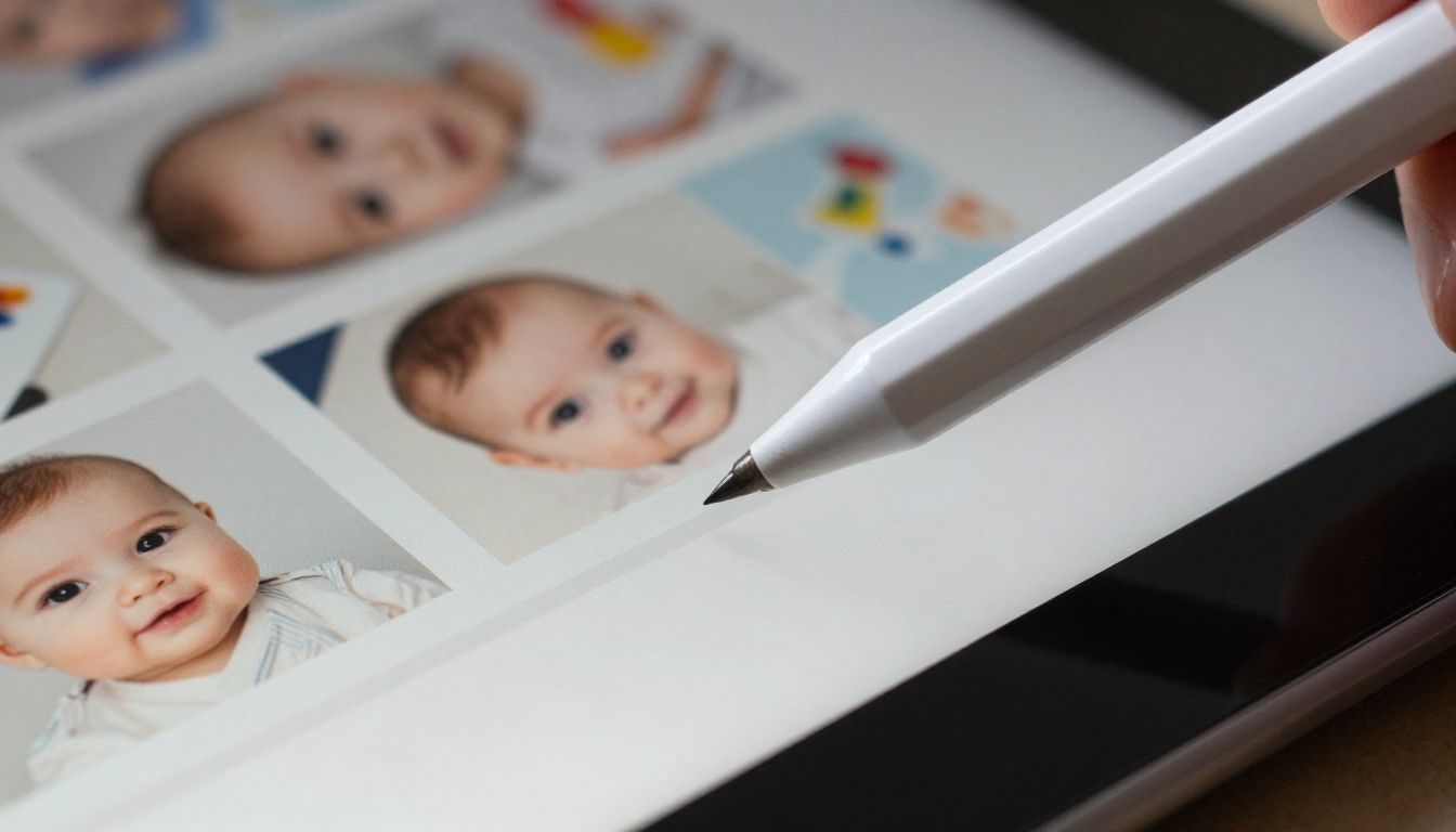 Close-up of an Apple Pencil placing a sticker on a scrapbook page