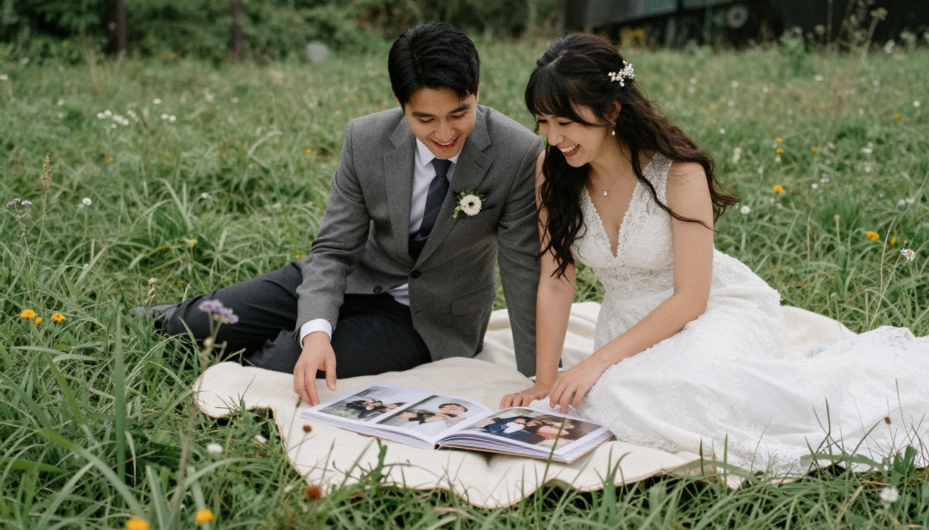 Bride and groom on a hillside with an open wedding album on a blanket Bride and groom on a hillside with an open wedding album on a blanket