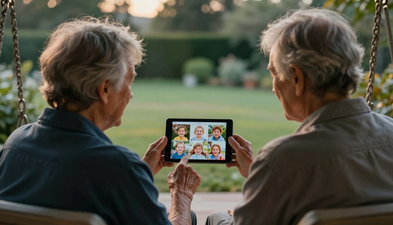 Elderly couple on a porch swing looking at a digital album of grandchildren on a tablet Elderly couple on a porch swing looking at a digital album of grandchildren on a tablet