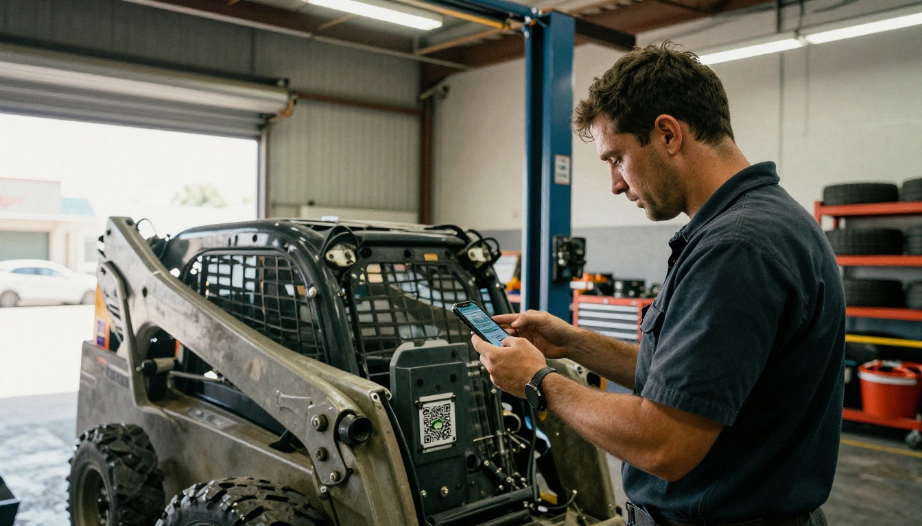 Mechanic scanning a QR code on a skid steer in a service bay Mechanic scanning a QR code on a skid steer in a service bay