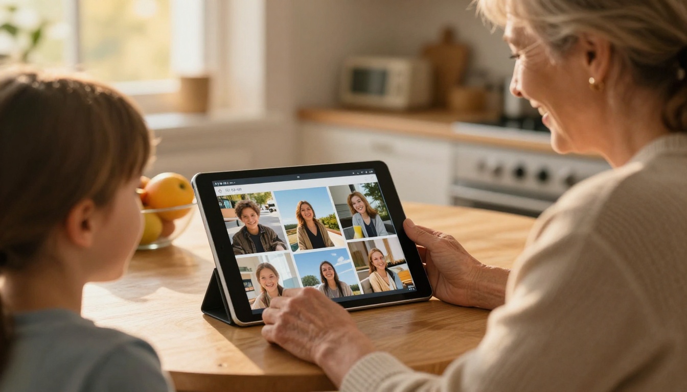 Older woman showing a digital photo album on an iPad to her grandchild