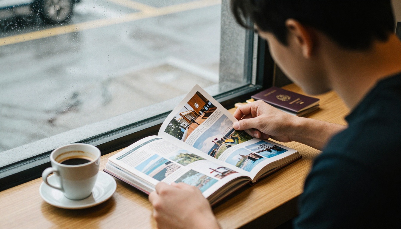 Travel photo book on a cafe table beside a passport and coffee Travel photo book on a cafe table beside a passport and coffee