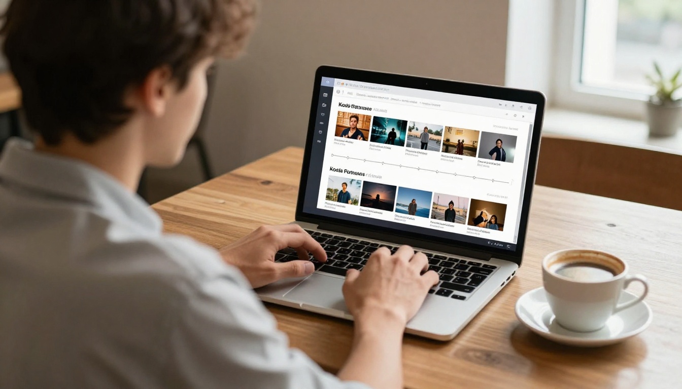 Young man choosing a song on a laptop while arranging travel photos in a cafe Young man choosing a song on a laptop while arranging travel photos in a cafe