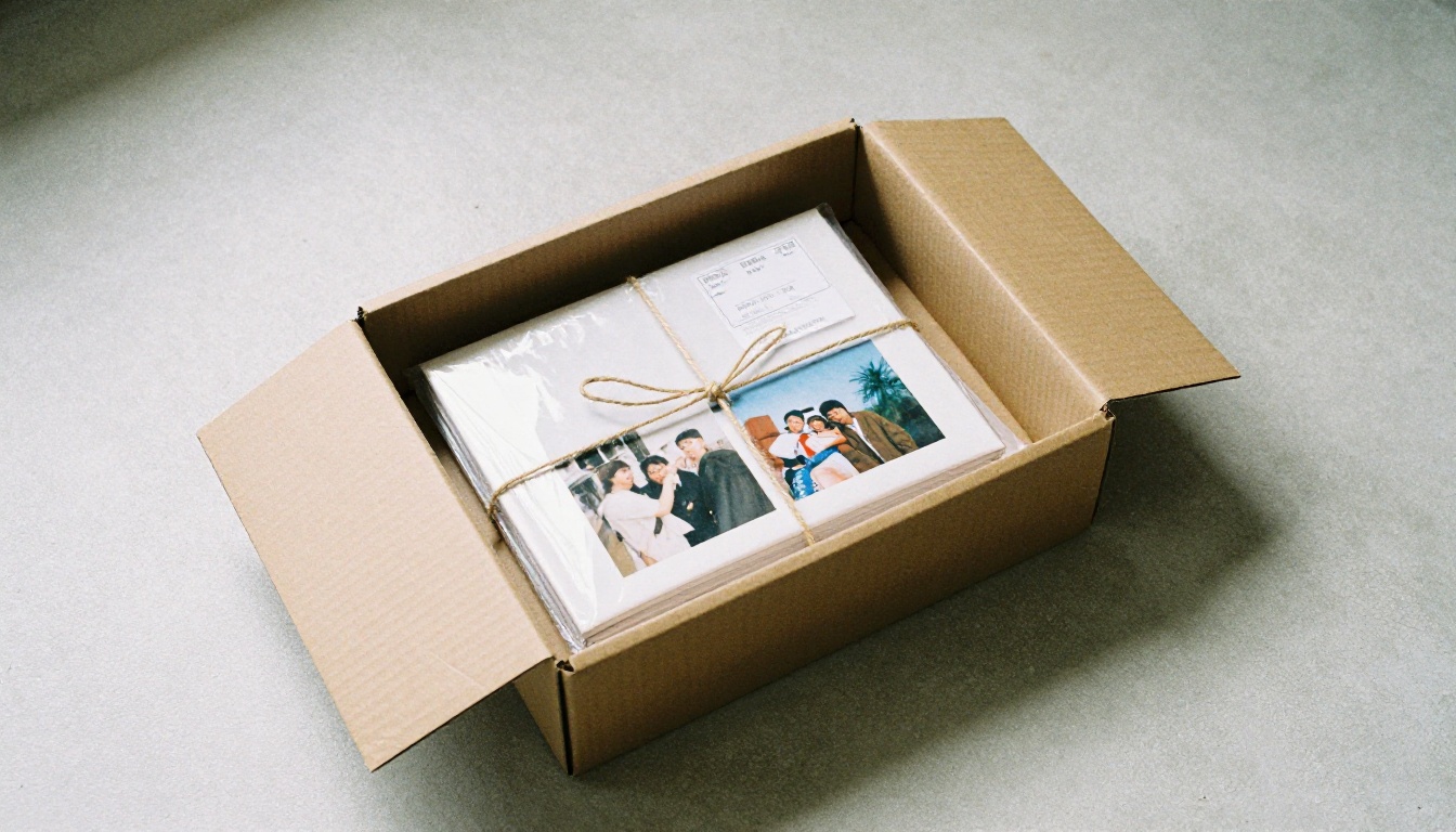 Opened postal box revealing a photo book wrapped in tissue paper Opened postal box revealing a photo book wrapped in tissue paper