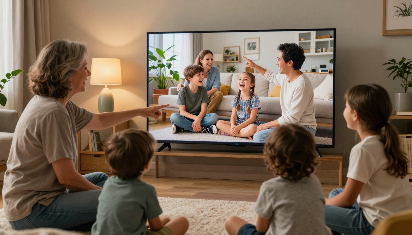 Family watching a photo slideshow on a large smart TV in a living room Family watching a photo slideshow on a large smart TV in a living room