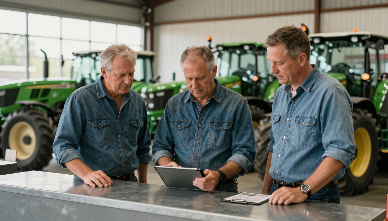 Three colleagues reviewing a tablet catalog at a dealership parts counter Three colleagues reviewing a tablet catalog at a dealership parts counter