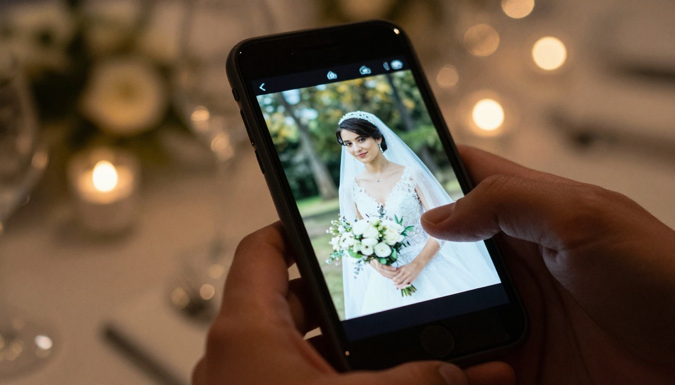 A guest holding a phone showing a digital wedding album