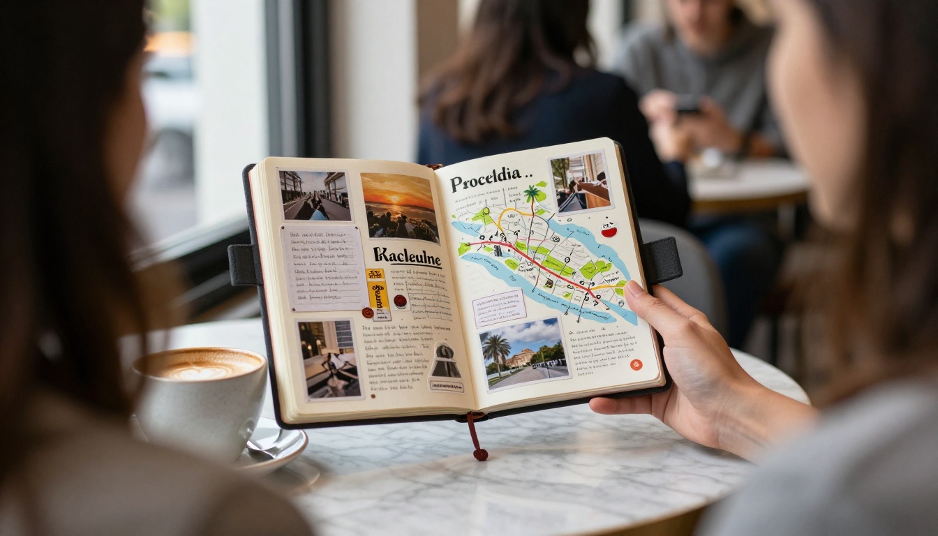 Woman in a cafe holding an iPad with a travel journal scrapbook page