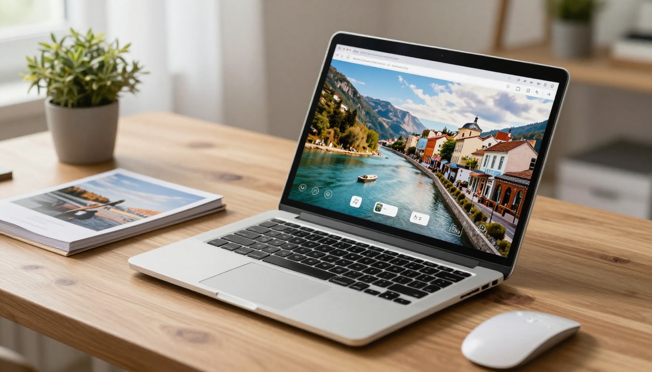 Laptop displaying a digital flipbook of travel photos beside a printed photo book Laptop displaying a digital flipbook of travel photos beside a printed photo book