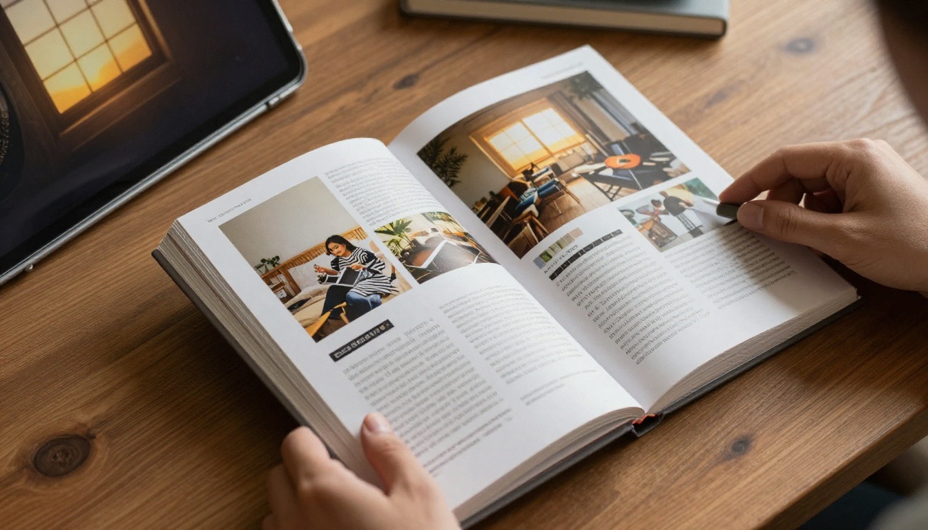Printed photo book next to an iPad showing the same scrapbook pages