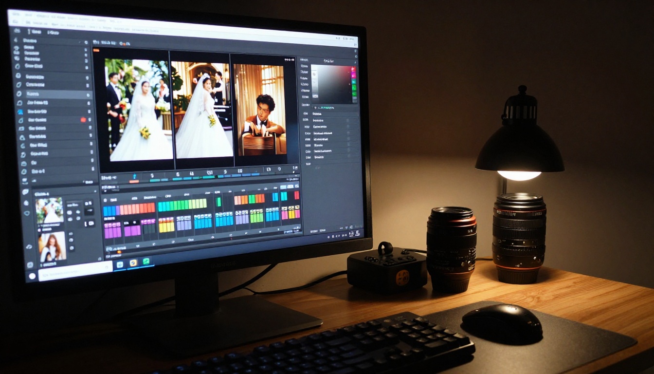A wedding photographer's editing workstation with a large monitor
