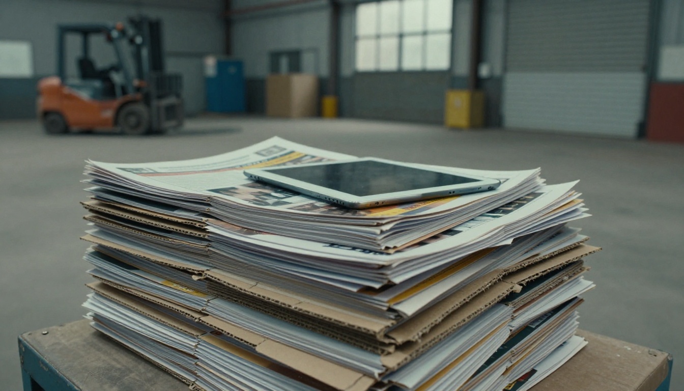 Stack of old printed catalogs with a tablet on top Stack of old printed catalogs with a tablet on top